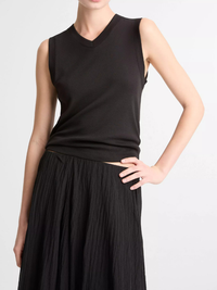 Pima Cotton-Blend High V-Neck Shell in Black
