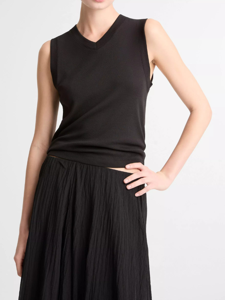 Pima Cotton-Blend High V-Neck Shell in Black