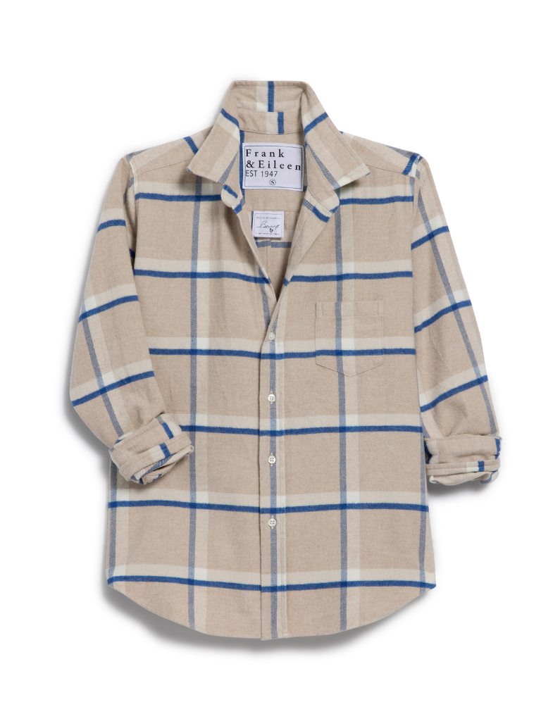 Barry Woven Button Up in Tan, White, Navy Plaid