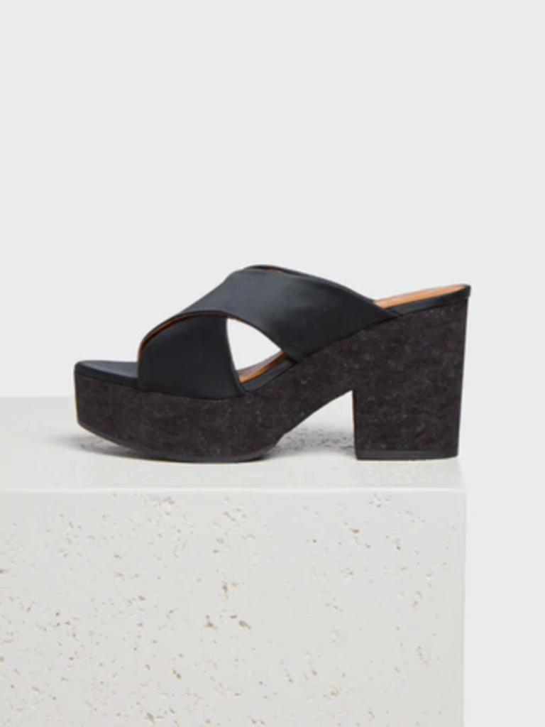 Bing Wedge Slides in Black Leather/Cork