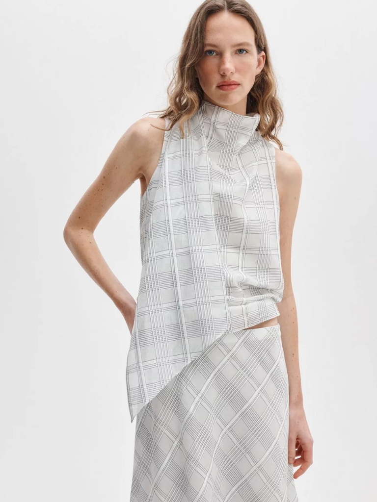 Adela Cotton-Silk Plaid Top in White Plaid