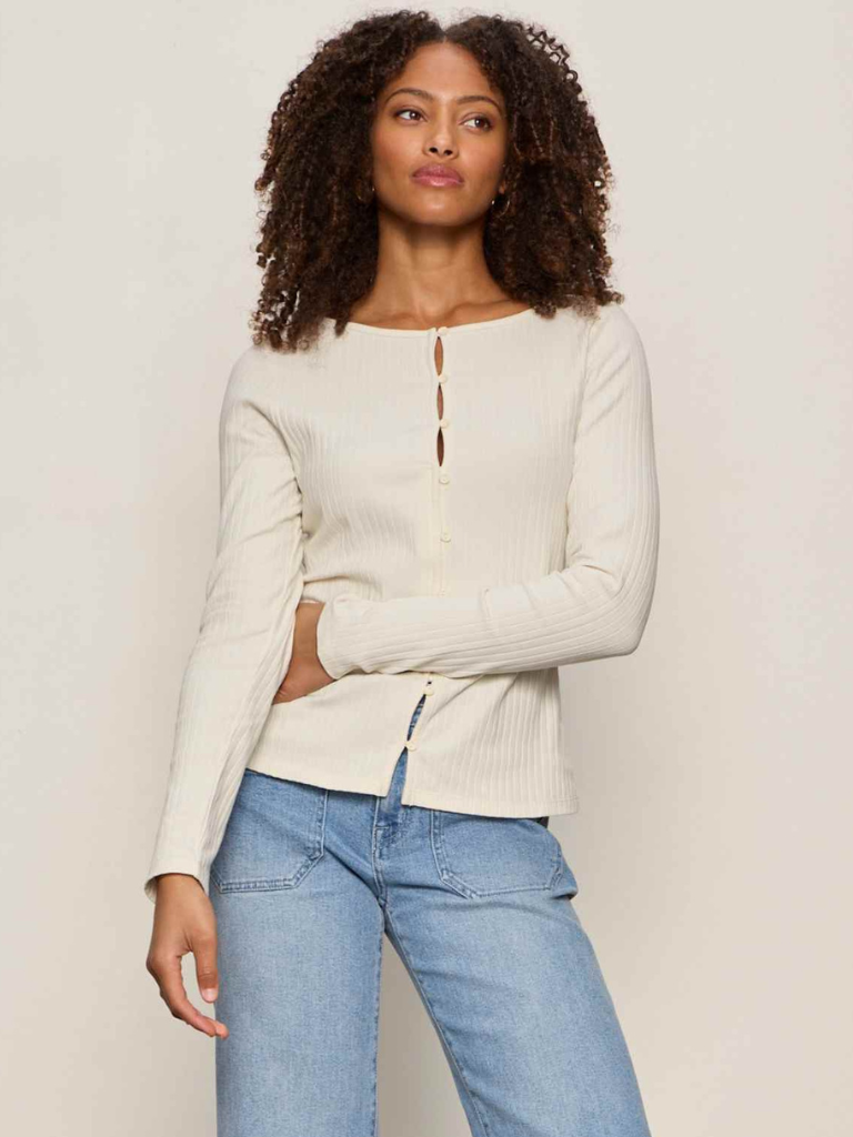 Button Front Long Sleeve Rib Top in Collagen