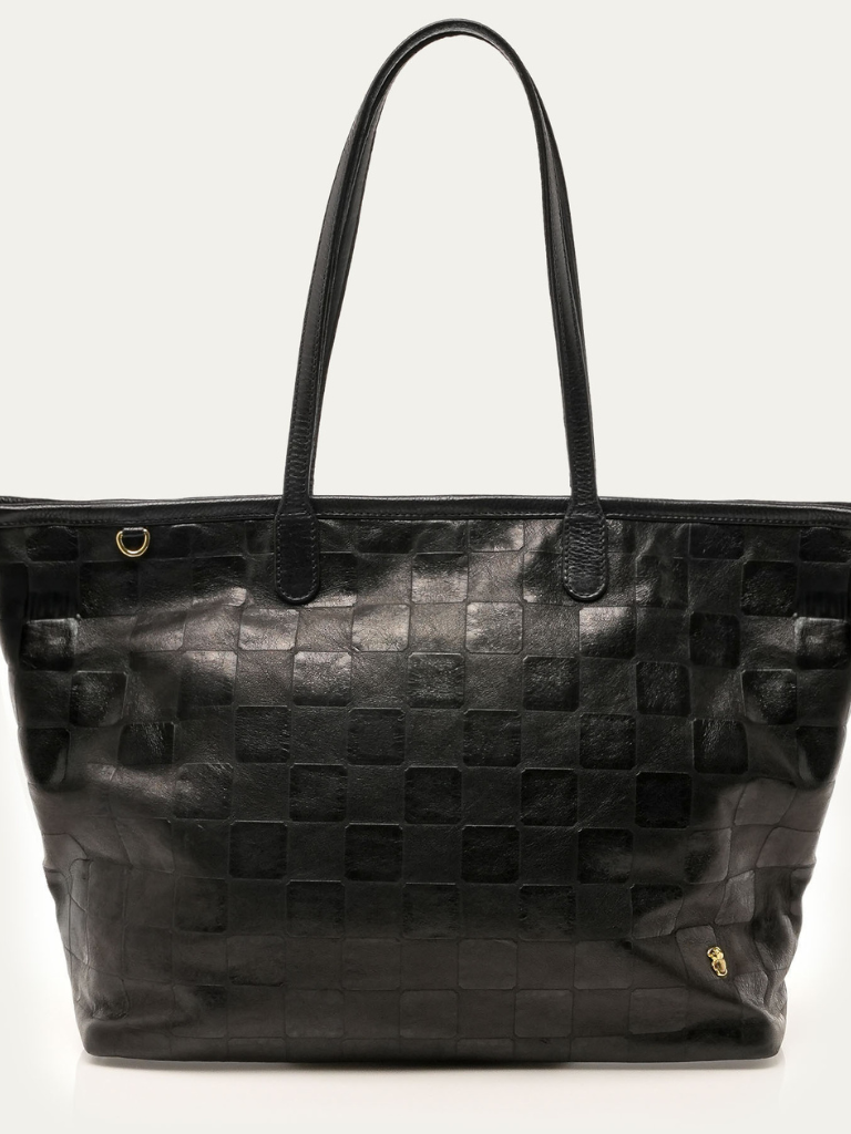 Marny Embossed Leather Tote in Black Check