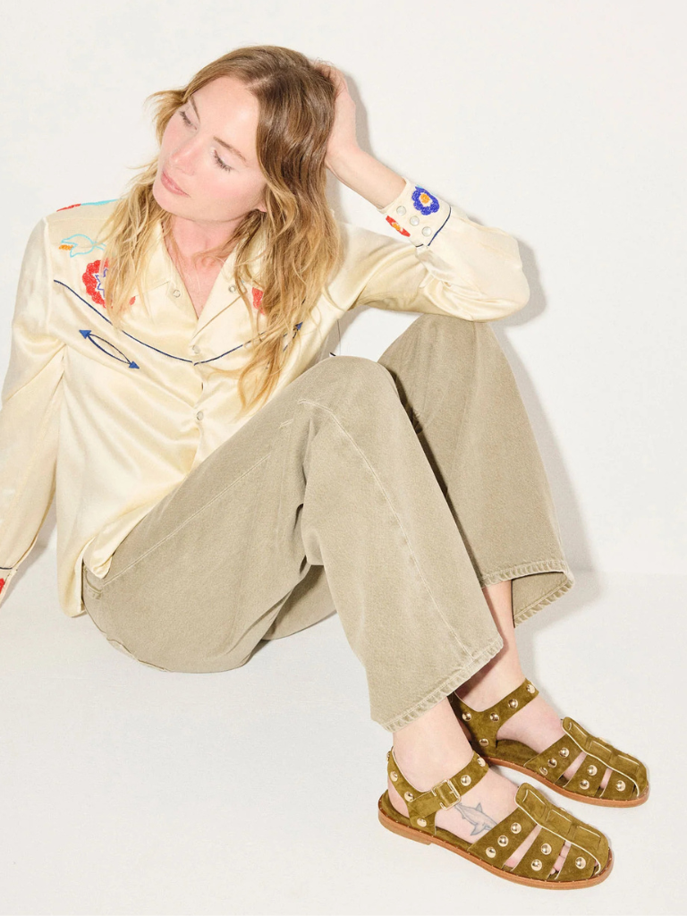 Sera Fisherman Sandal in Olive Suede with Gold Studs