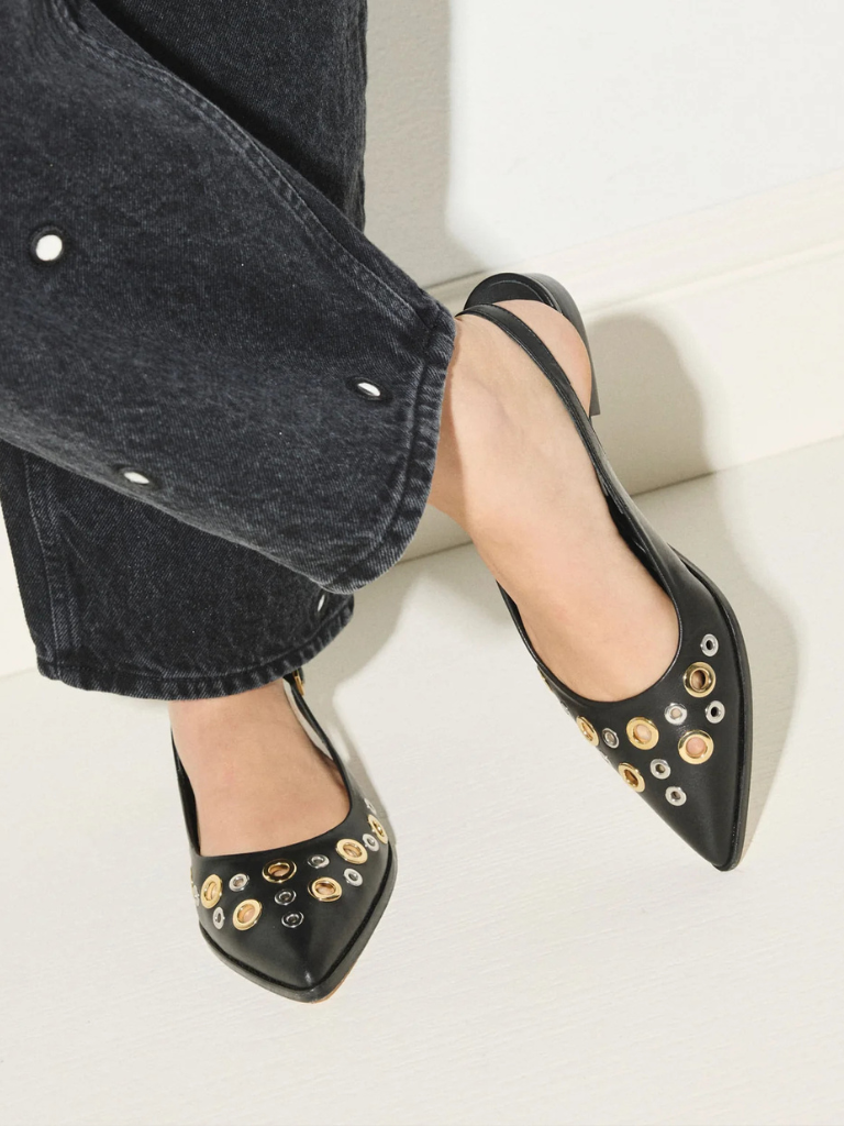 Marie Slingback Point Flat in Black Calf w/Mixed Grommets