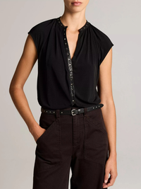 Studded Matte Jersey Cap-Sleeve Top in Black