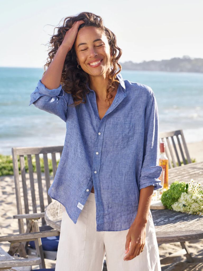 Eileen Classic Linen Button Down in Blue