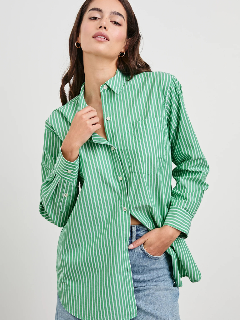 Elsa Button Down in Kelly White Stripe