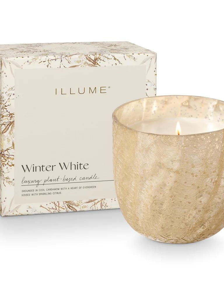 Large Boxed Crackle Glass Candle in Winter White