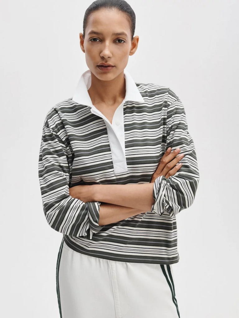 Kelly Boxy Striped Long-Sleeve Polo in Green Multi