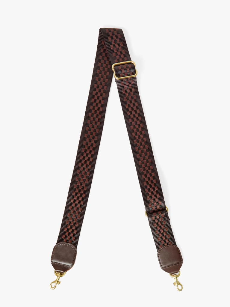 Adjustable Nylon Webbing Crossbody Strap in Chocolate Checker