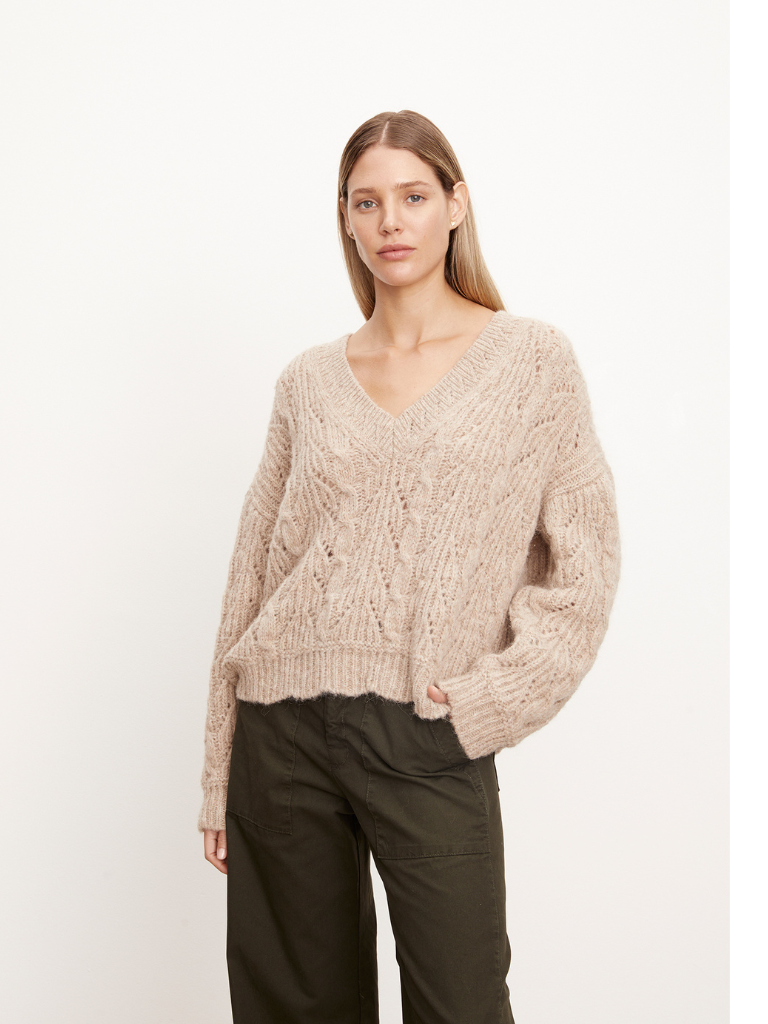 Sade Cozy Cable V-Neck Sweater in Oatmeal