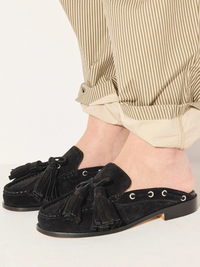 Leon Tassel Penny Loafer Mule in Black Suede