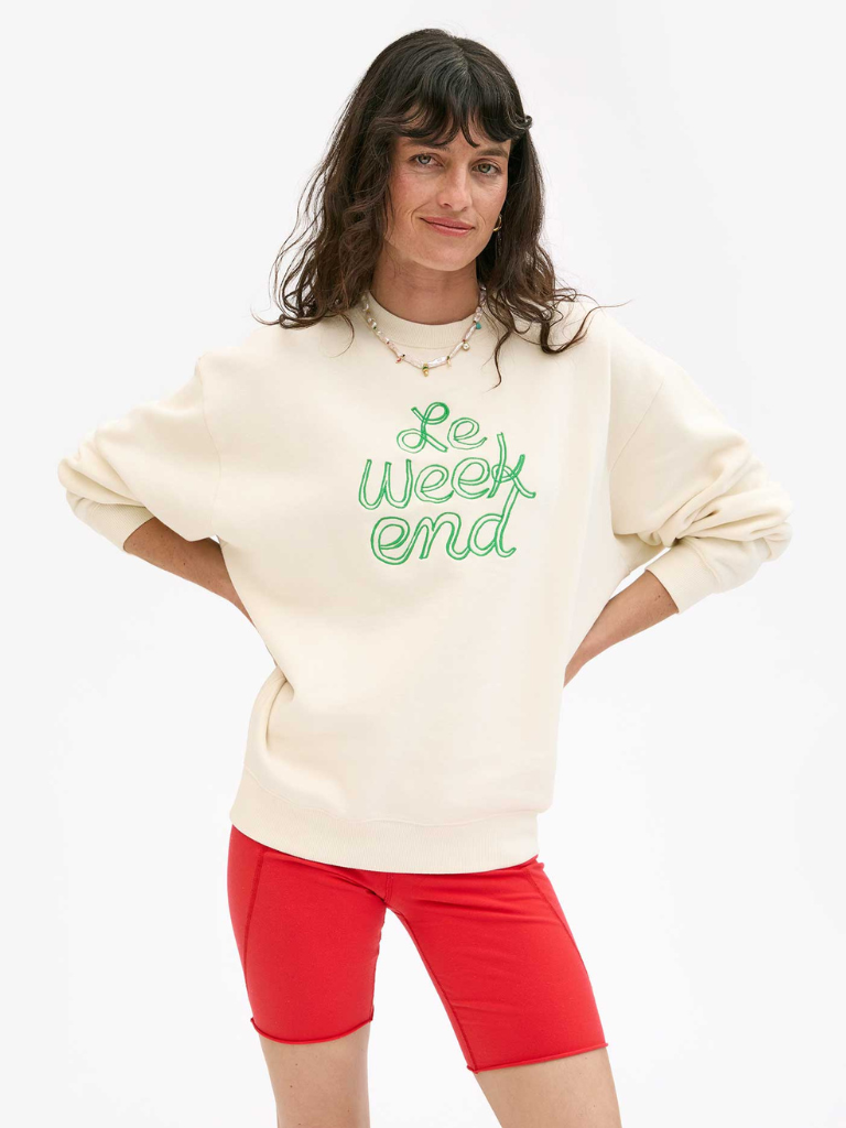 Embroidered Le Weekend Sweatshirt in Cream w/ Green