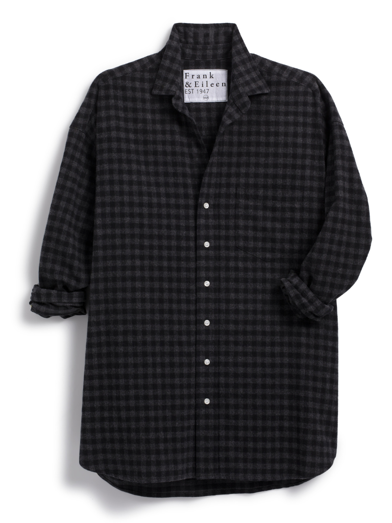 Shirley Oversized Italian Flannel Button-Up Shirt in Black, Grey Check