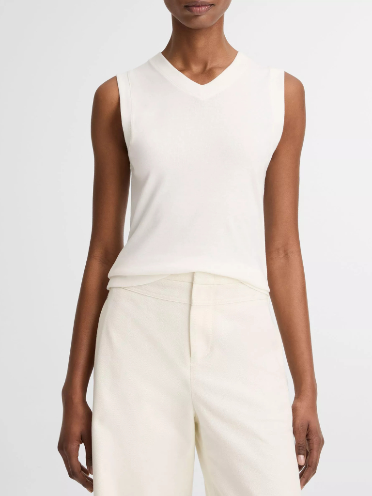 Pima Cotton-Blend High V-Neck Shell in White