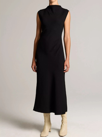 Draped Crepe Funnel-Neck Dress in Black