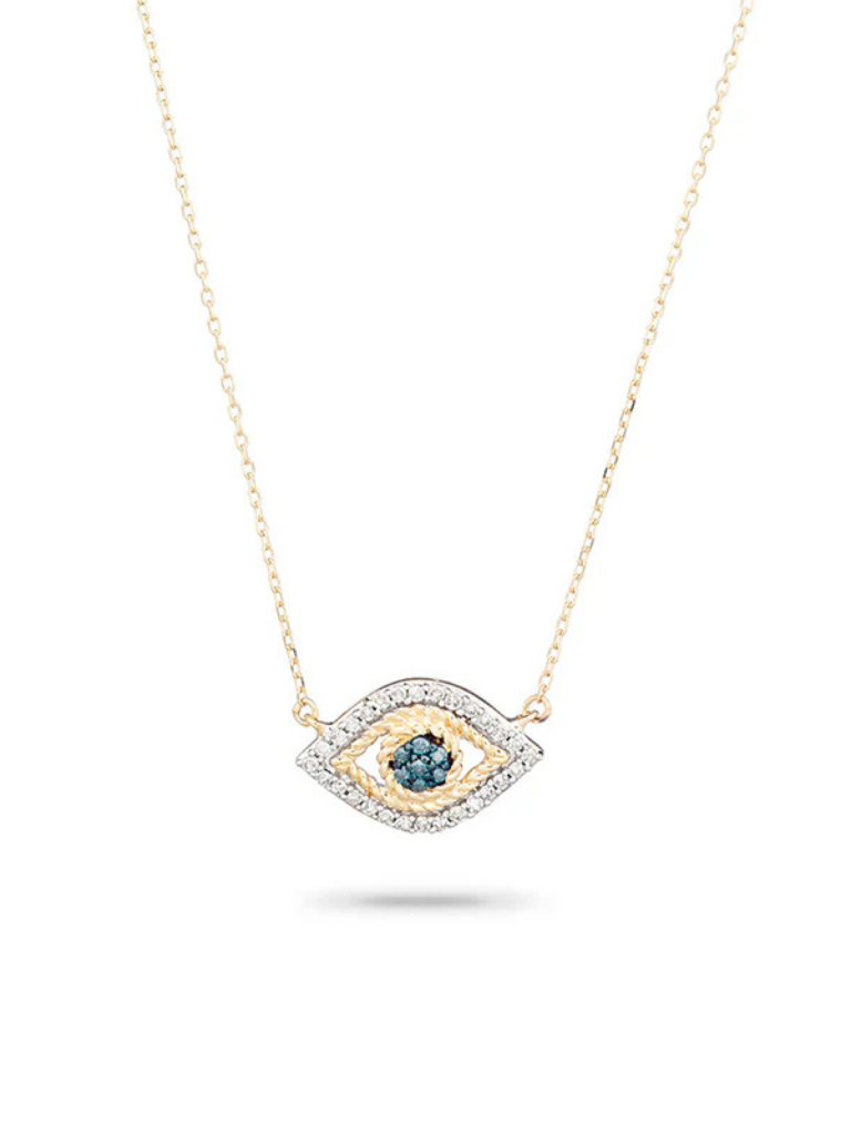 Tiny Pavé Evil Eye Necklace in 14k Yellow Gold / White Pave & Blue Pave
