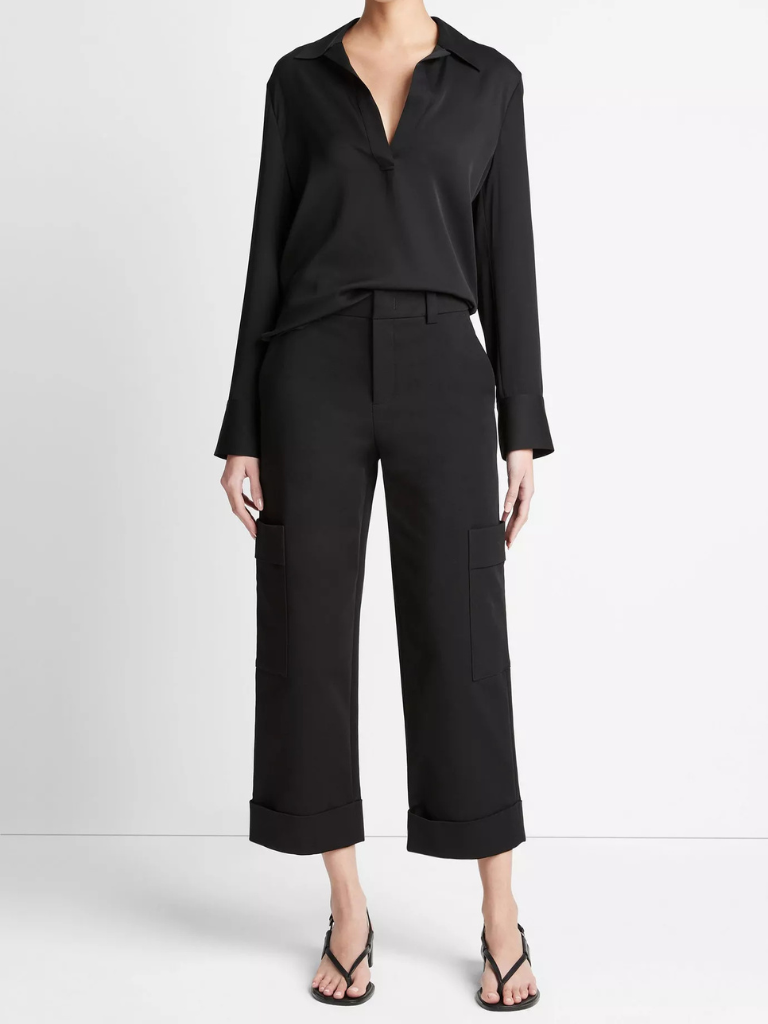 Stretch-Silk Long-Sleeve Polo Blouse in Black