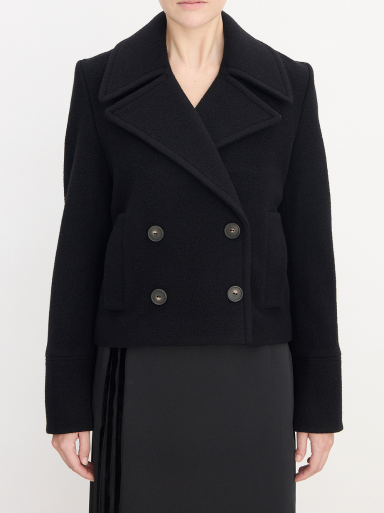 Boiled Wool Cropped Peacoat in Black