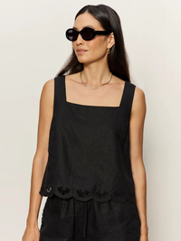 Almost There Scallop Hem Sleeveless Linen Top in Black