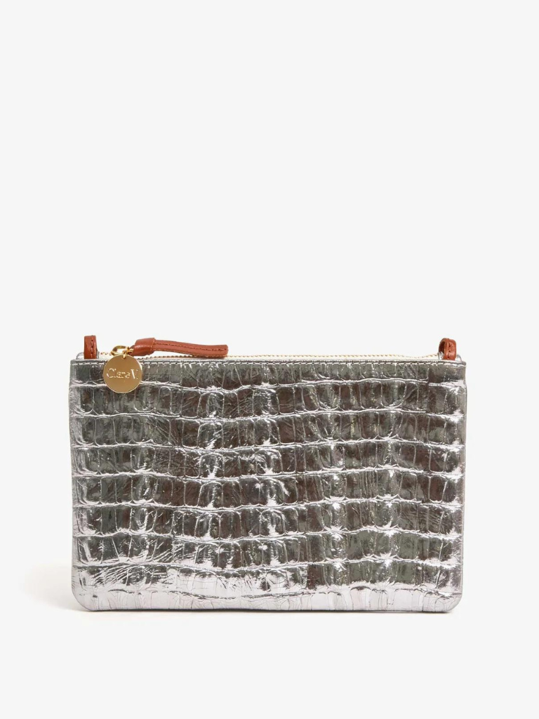Wallet Clutch w/Tabs in Silver Metallic Crocodile