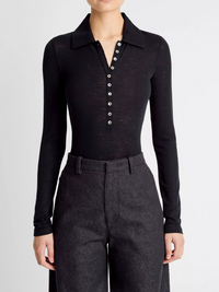Wool Long-Sleeve Polo Top in Coastal Blue