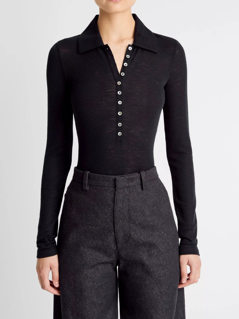 Wool Long-Sleeve Polo Top in Coastal Blue