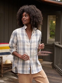 Eileen Flannel Button Up in Cream and Grey Plaid