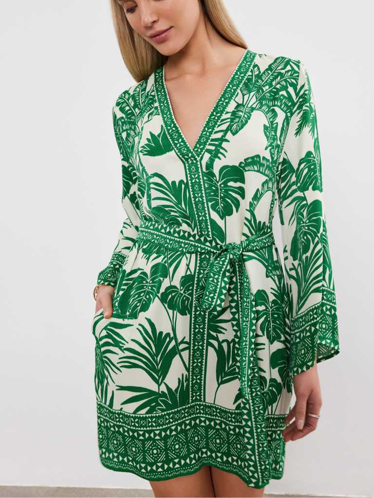 Emella Dress in Green Palm Print