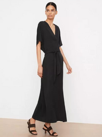 Belted Short Sleeve V-Neck Dress in Black