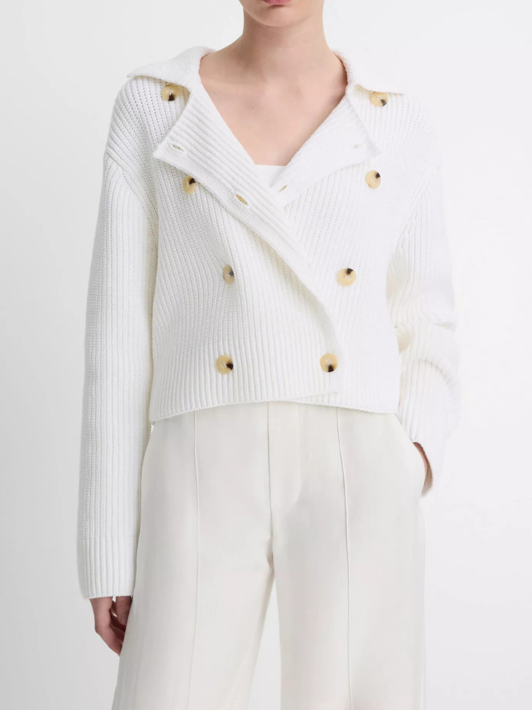 Cotton-Blend Double-Breasted Sweater Jacket in Optic White