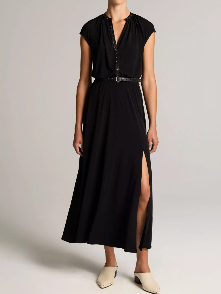 Studded Matte Jersey Cap-Sleeve Dress in Black