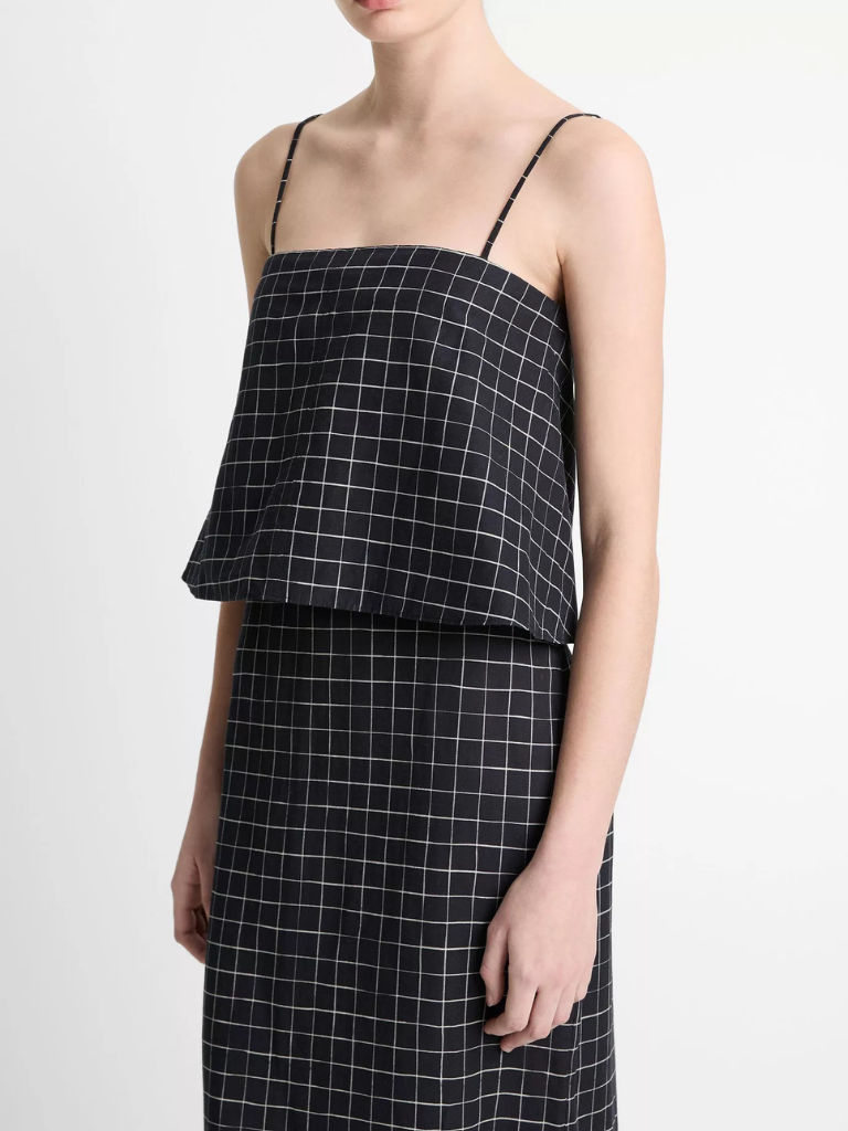 Trellis Plaid Cotton-Blend Tie-Back Top in Black/Cream