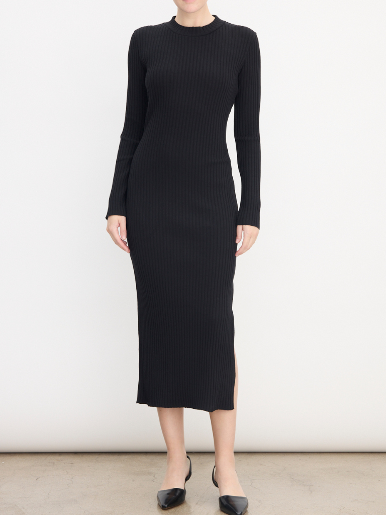 Rib Longsleeve High Neck Dress in Black