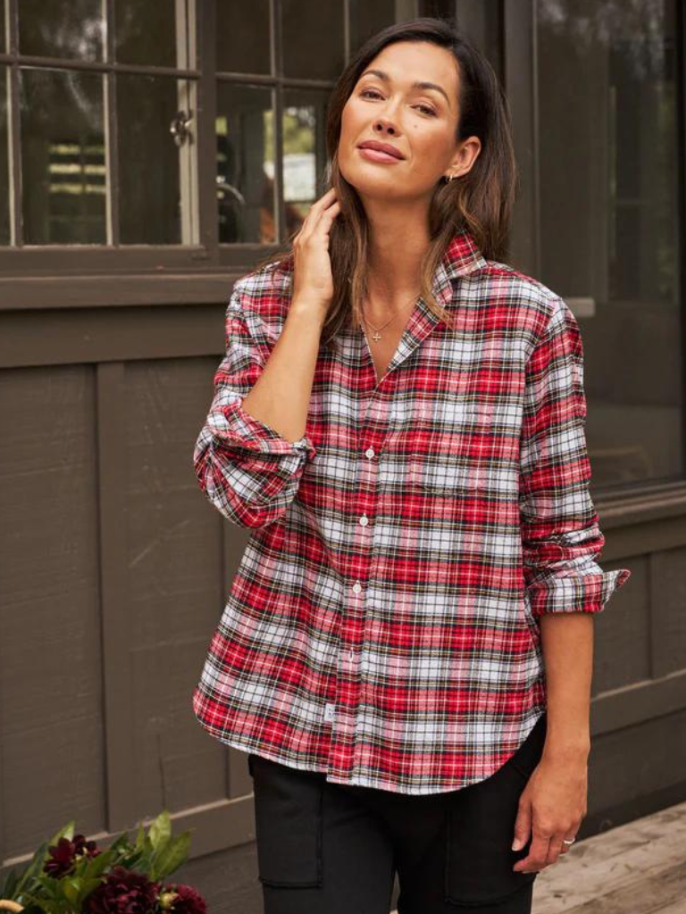Eileen Textured Flannel Button Up in White and Black with Red Plaid