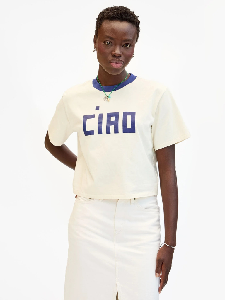 Le Carre CIAO Tee in Cream w/Navy Block Letters