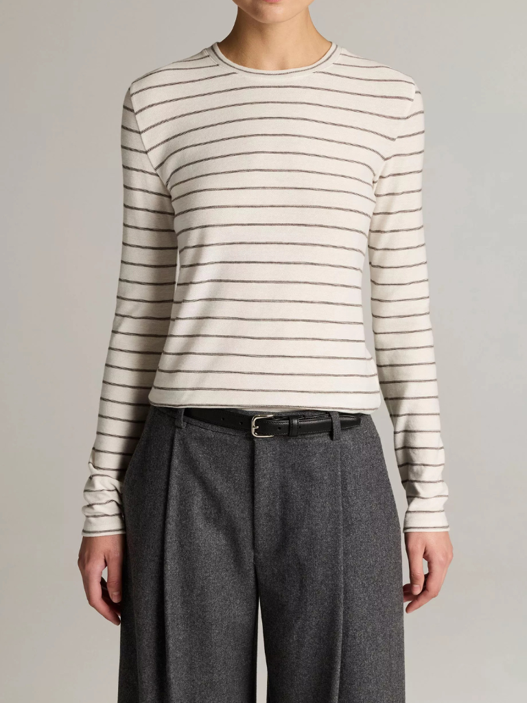 Striped Cotton Long-Sleeve T-Shirt in Off White Combo