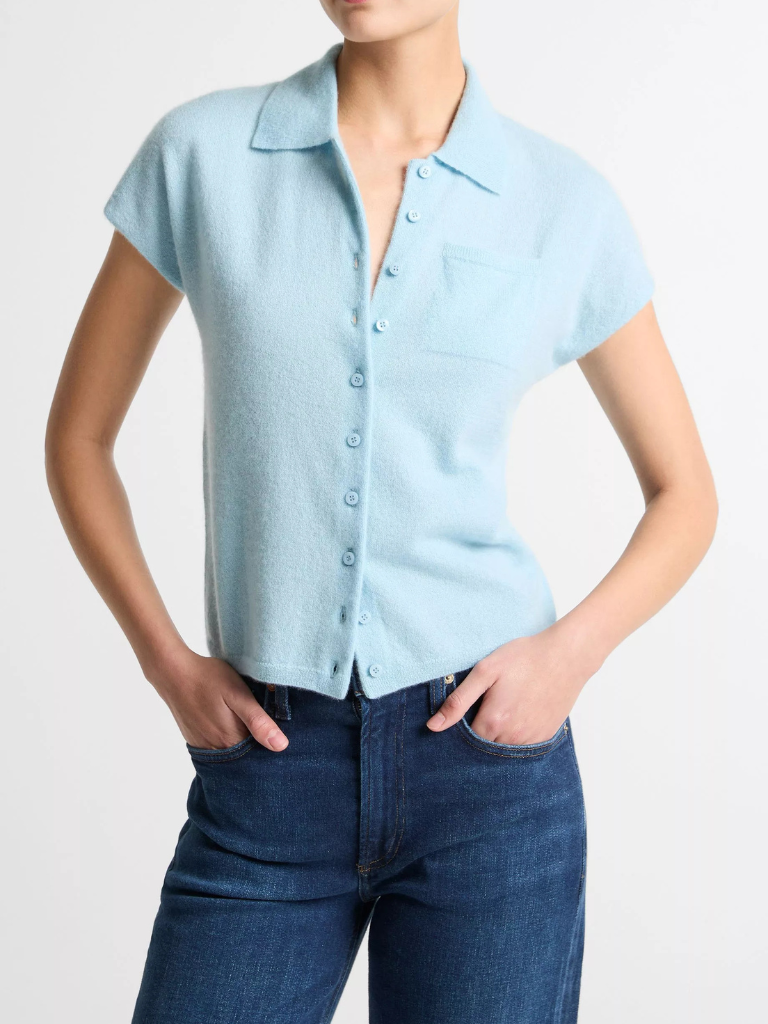 Cashmere-Silk Short-Sleeve Polo Sweater in Clearwater
