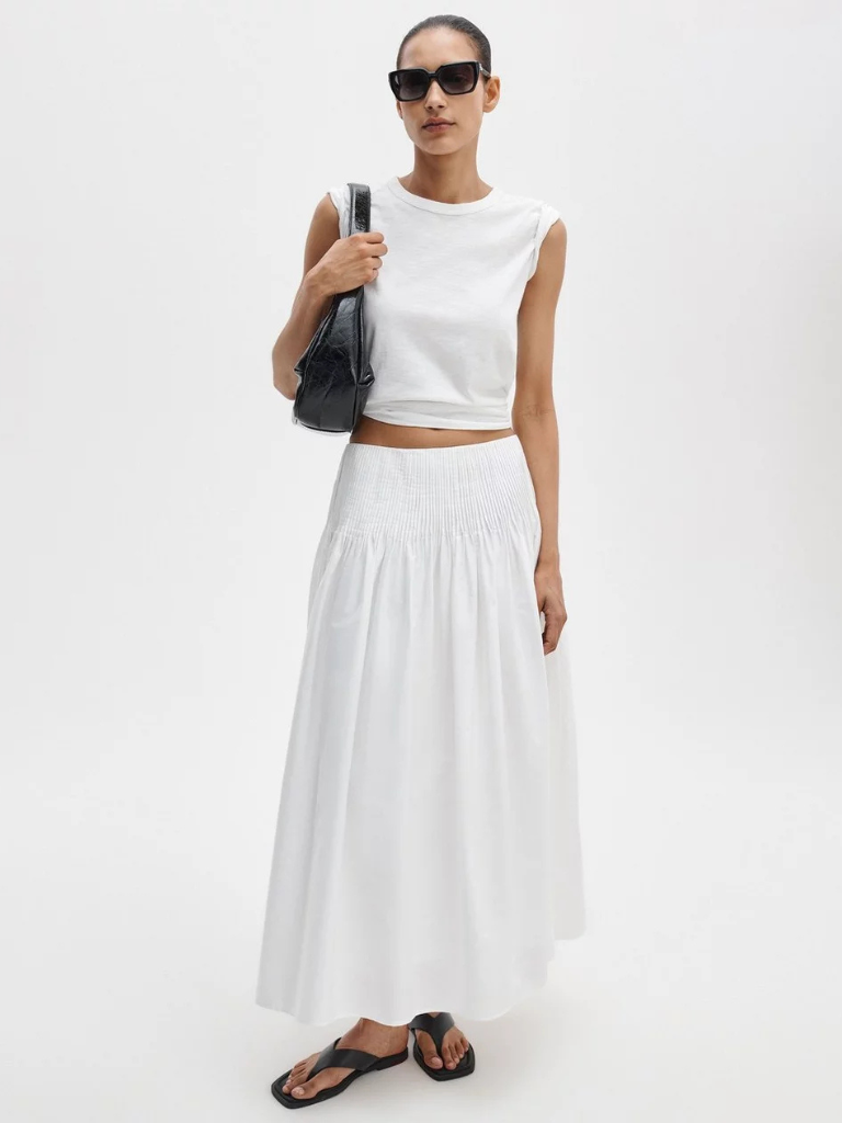 Elena Pintucked Poplin Skirt in White