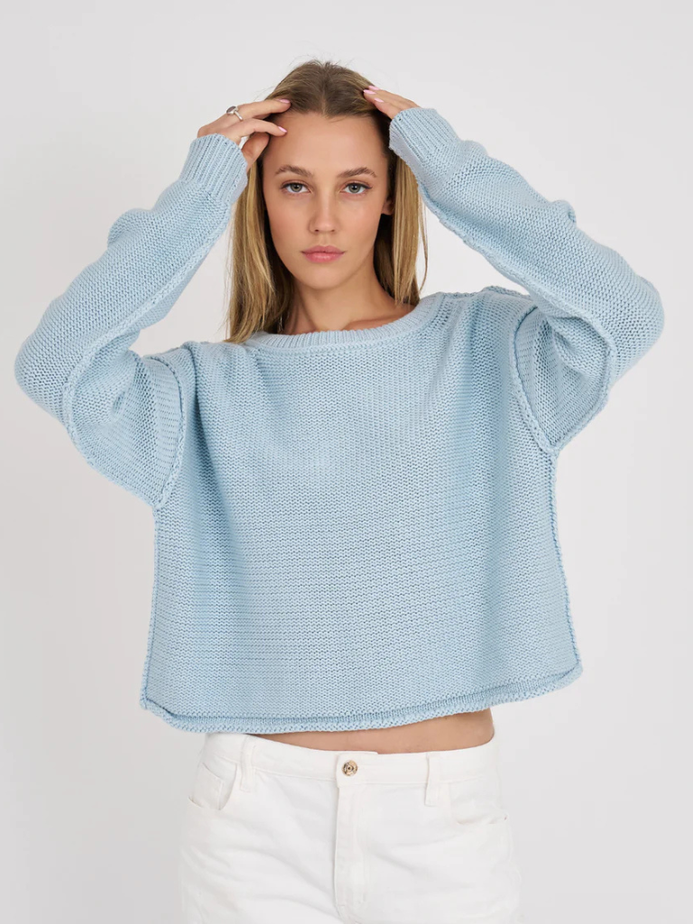 The Sloan Cotton Reverse Jersey Crew in Sky Blue