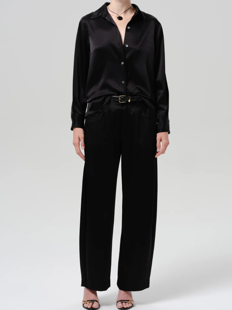 Brynn Hammered Satin Trouser in Black