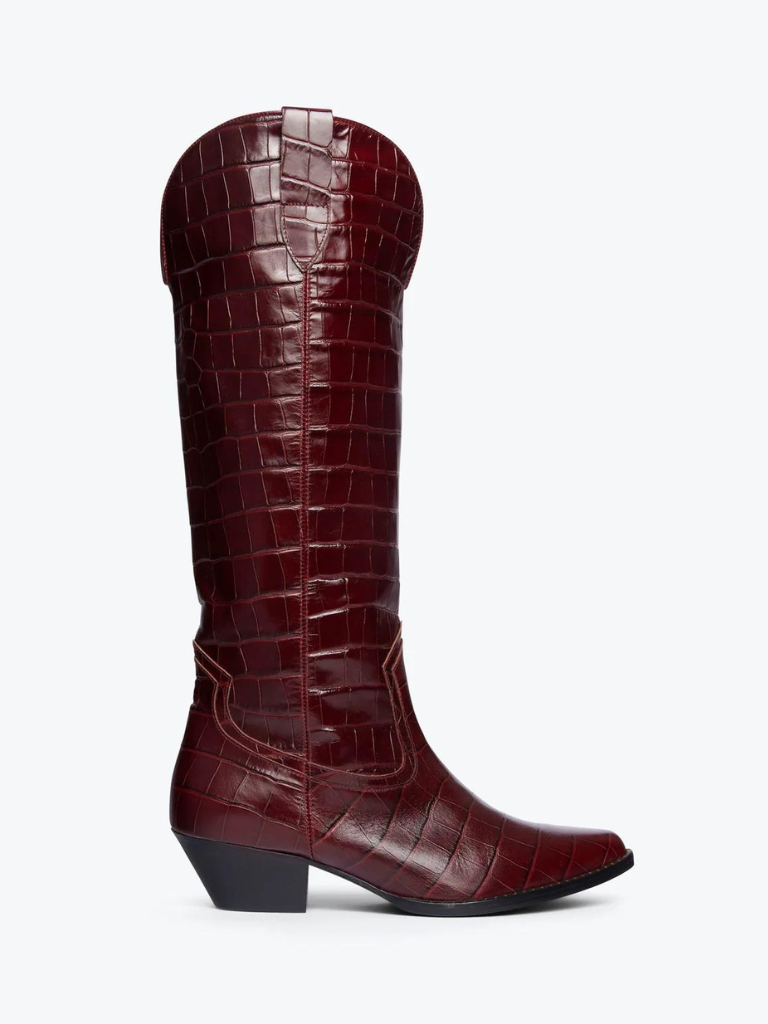 Hope Tall Boot in Cherry Embossed Croc Leather