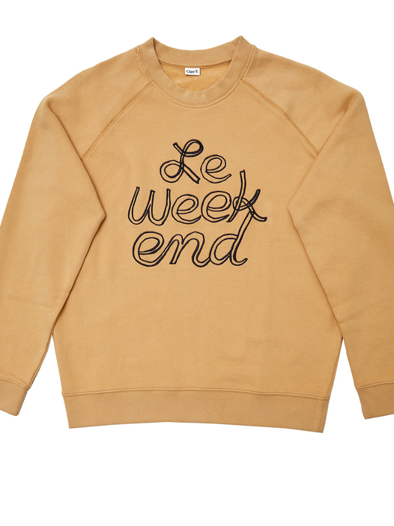 Embroidered Le Weekend Sweatshirt in Sand w/ Navy