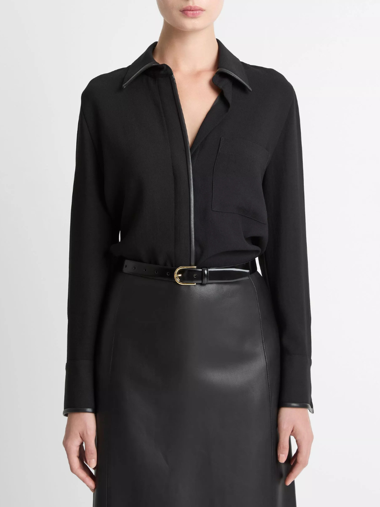 Faux-Leather-Trim Crepe Button-Front Shirt in Black