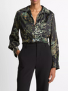 Smocked Grape Vine Silk Long-Sleeve Blouse in Black