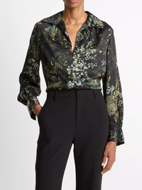 Smocked Grape Vine Silk Long-Sleeve Blouse in Black