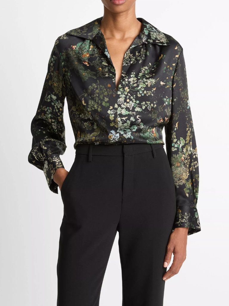 Smocked Grape Vine Silk Long-Sleeve Blouse in Black