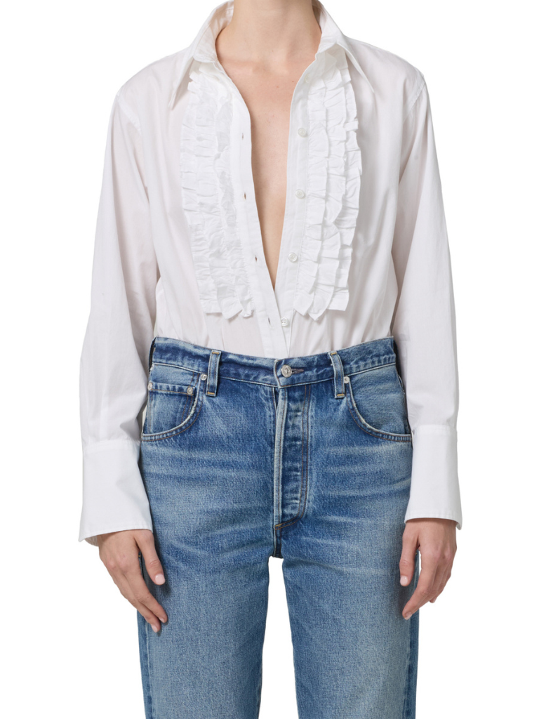 Ruffle Tuxedo Shirt in White