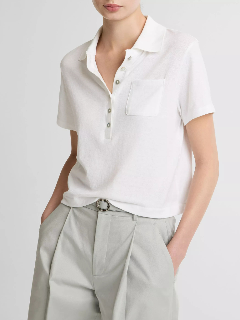 Cotton Cropped Pocket Polo in Optic White